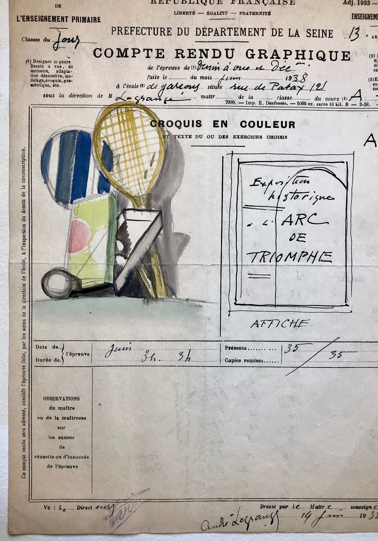 An original artwork. An Examination Piece from a Parisian Art School. Dated 1938. Size: 27 x 21 cms.