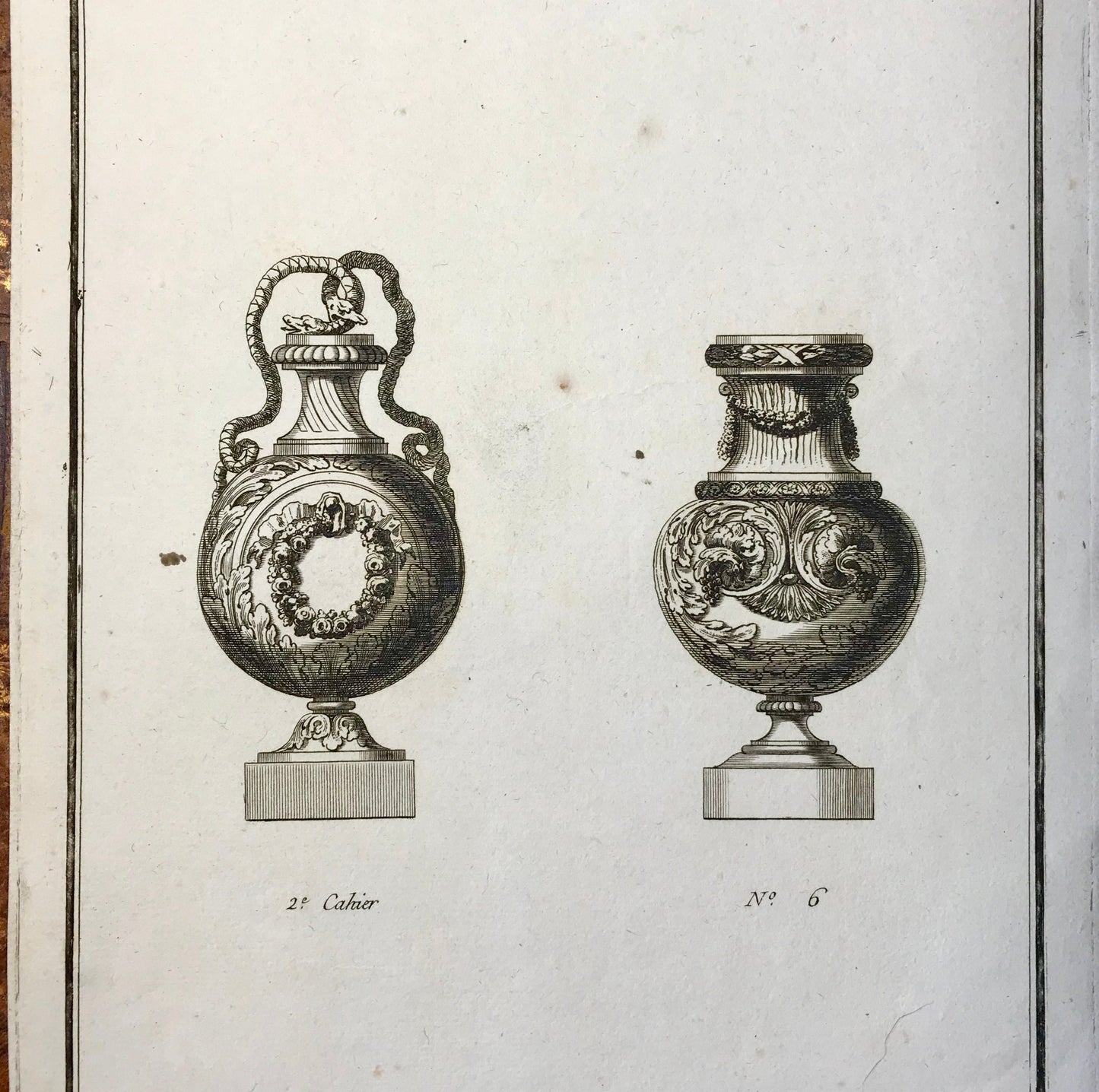 A Set of 6 Original Antique Engravings Showing Designs for Vases. Numbered 1 to 6. By Pierre de Fontanieu. Dated 1770. 36 x 24.2 cms.