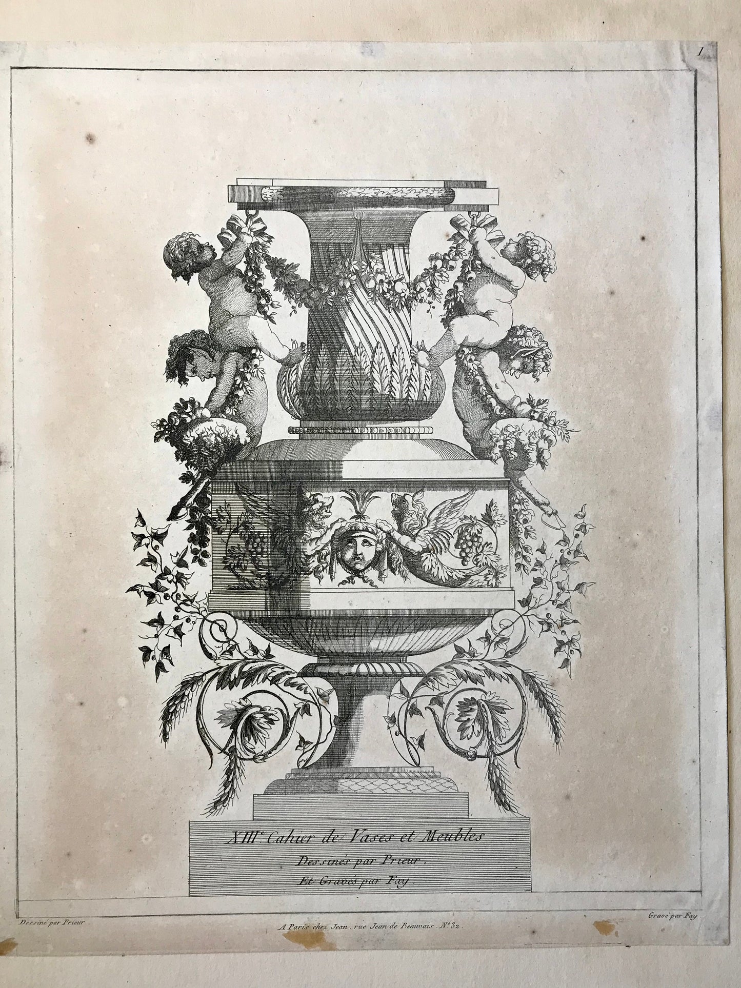 3 Engravings. Designs for Vases by Jean-Louis Prieur (1732-95). French. Late 18th Century. Size: 32.5 x 26 cms.