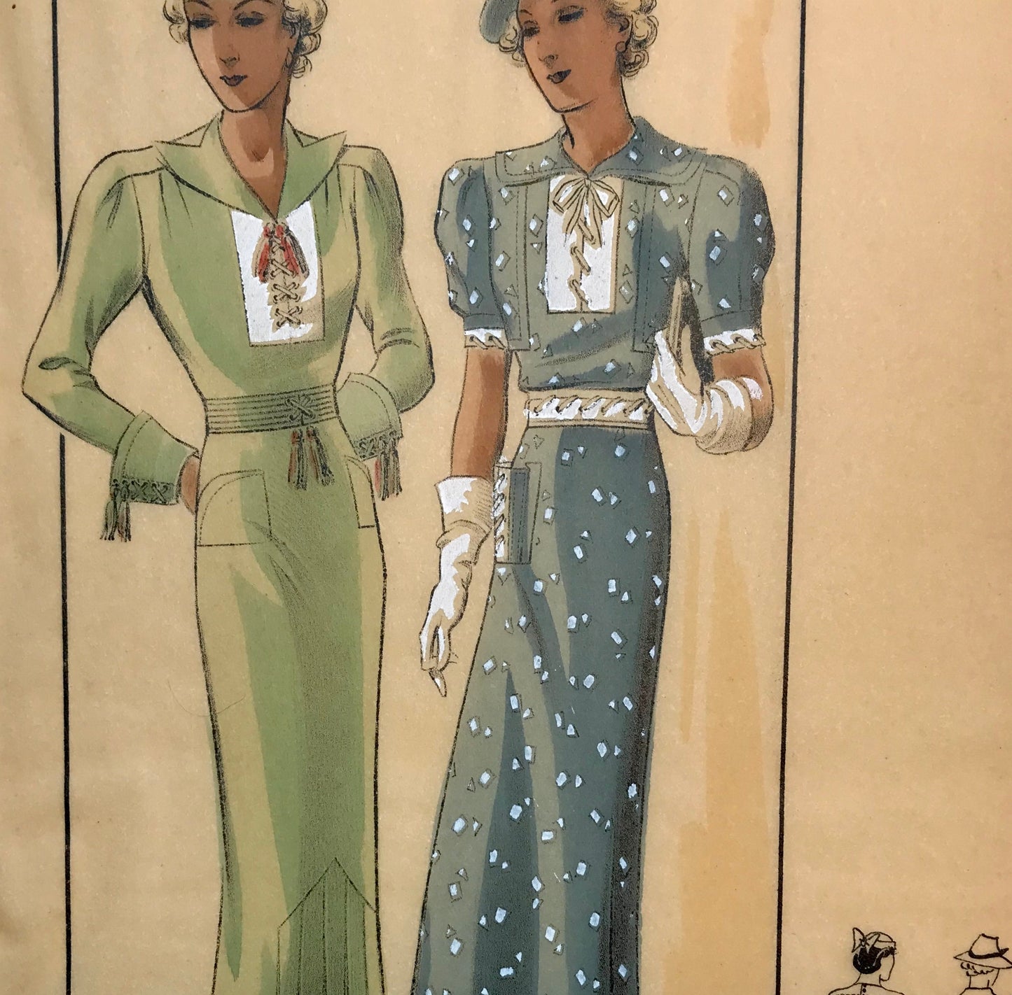 A Sketch, or Croquis. Produced by the Fashion House of Maurice Dubois. Hand coloured lithograph. 1935. Size: 27.5 x 16.7 cms.