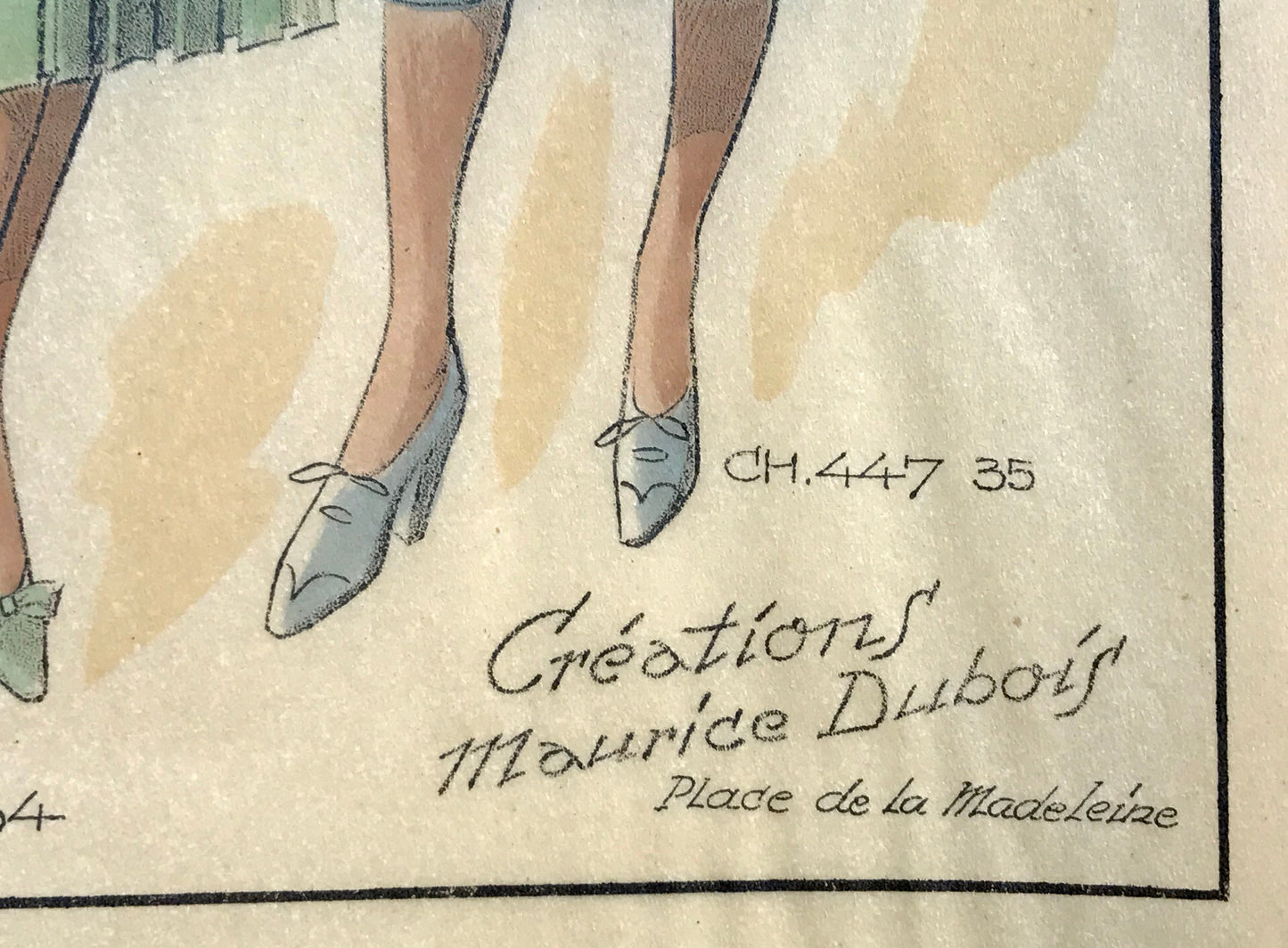 A Sketch, or Croquis. Produced by the Fashion House of Maurice Dubois. Hand coloured lithograph. 1935. Size: 27.5 x 16.7 cms.