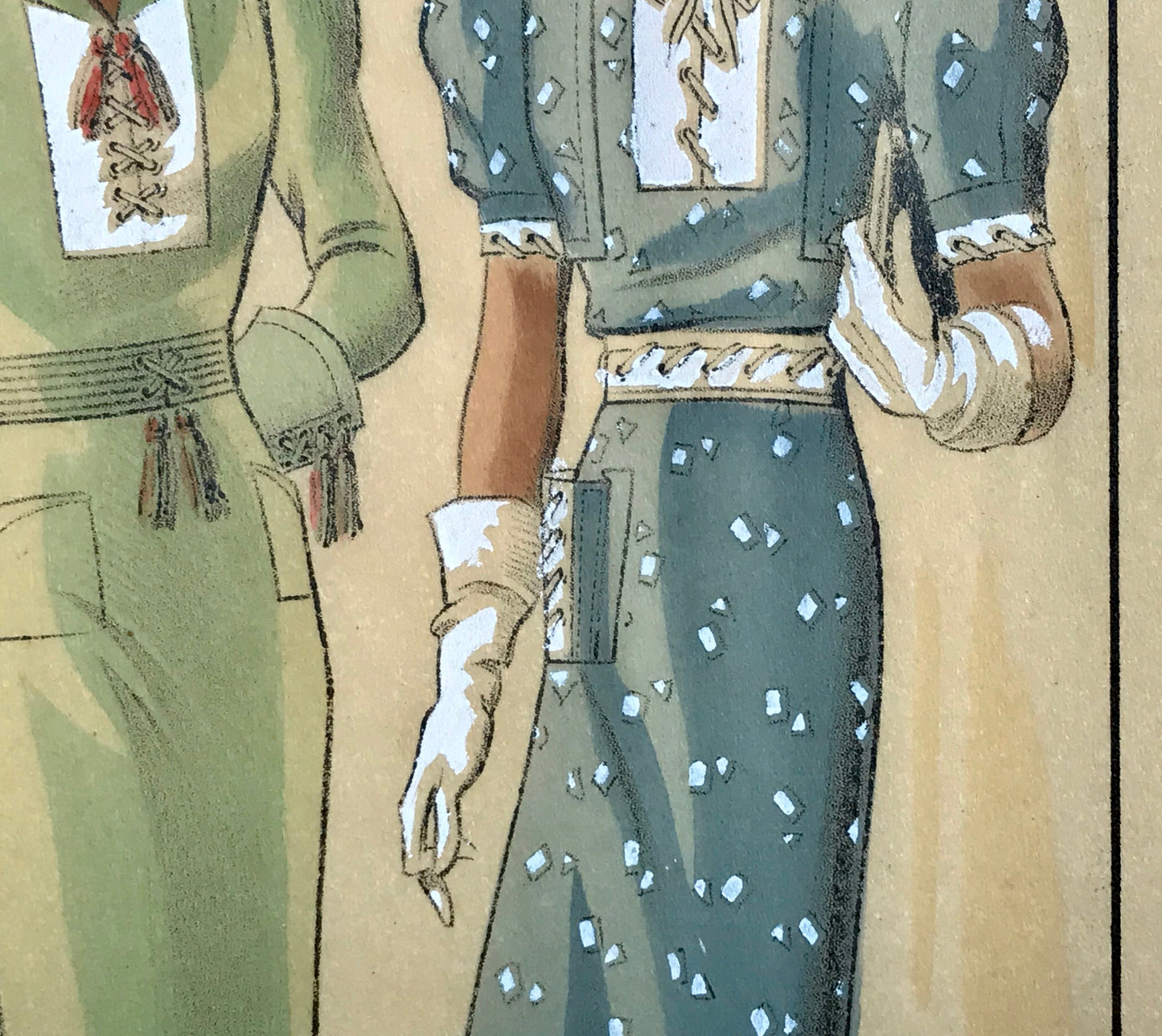 A Sketch, or Croquis. Produced by the Fashion House of Maurice Dubois. Hand coloured lithograph. 1935. Size: 27.5 x 16.7 cms.