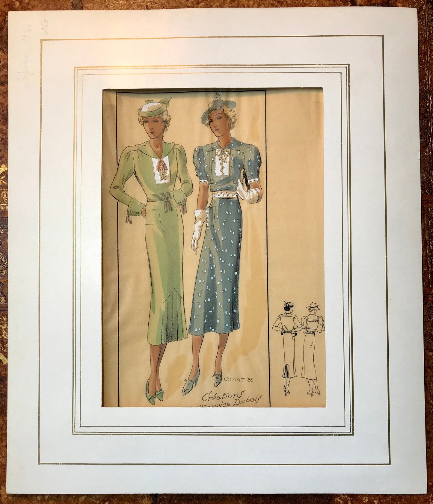 A Sketch, or Croquis. Produced by the Fashion House of Maurice Dubois. Hand coloured lithograph. 1935. Size: 27.5 x 16.7 cms.