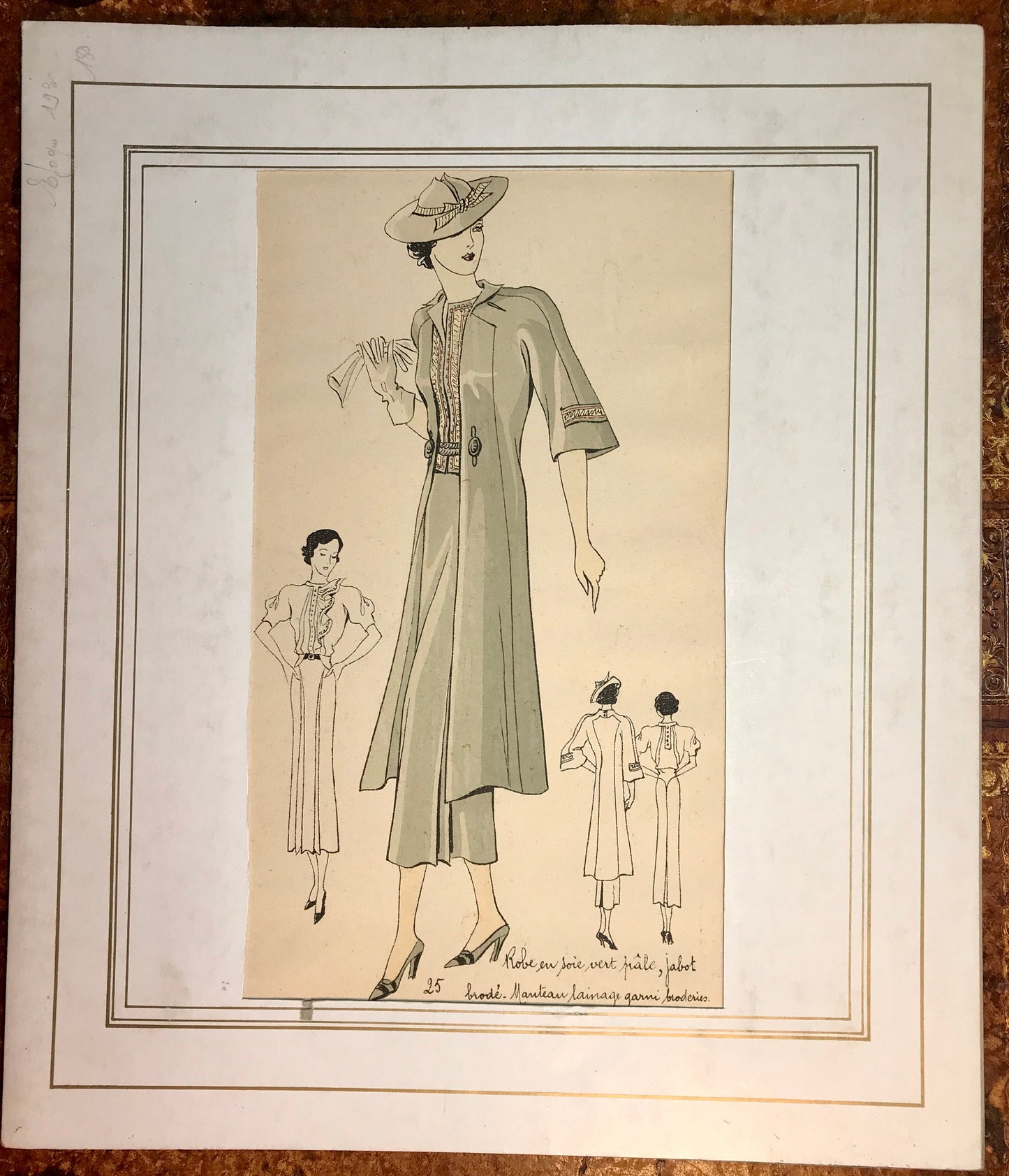 An Original Fashion Sketch, or Croquis, from a Parisian Atelier. A Hand Coloured Lithograph print. 1930’s. Size: 30.5 x 18.8 cms.