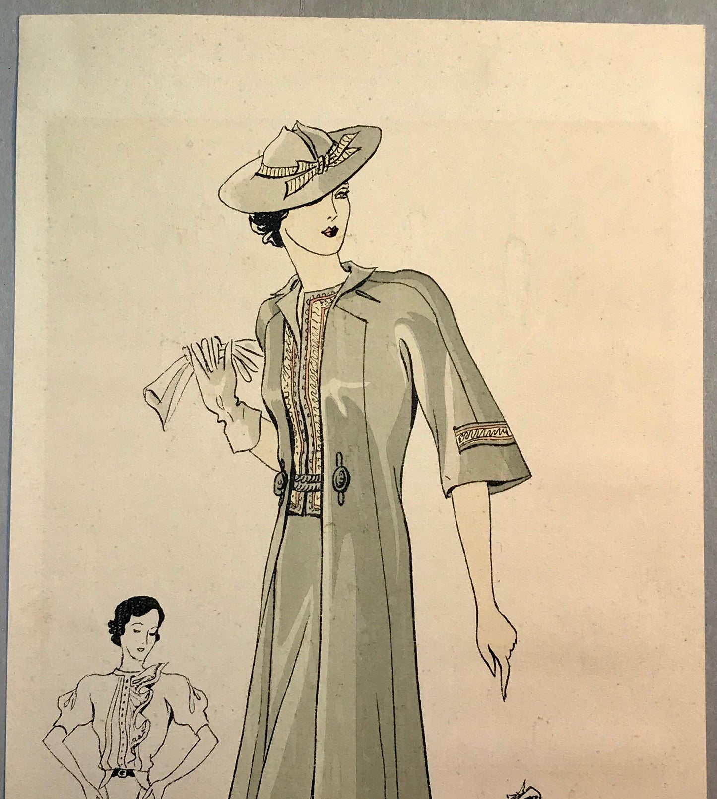 An Original Fashion Sketch, or Croquis, from a Parisian Atelier. A Hand Coloured Lithograph print. 1930’s. Size: 30.5 x 18.8 cms.