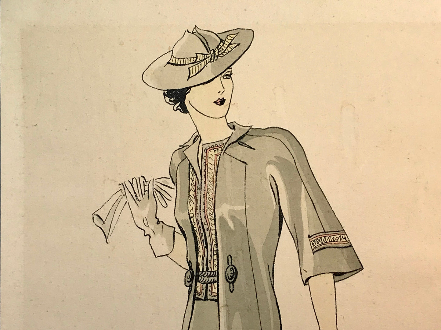 An Original Fashion Sketch, or Croquis, from a Parisian Atelier. A Hand Coloured Lithograph print. 1930’s. Size: 30.5 x 18.8 cms.