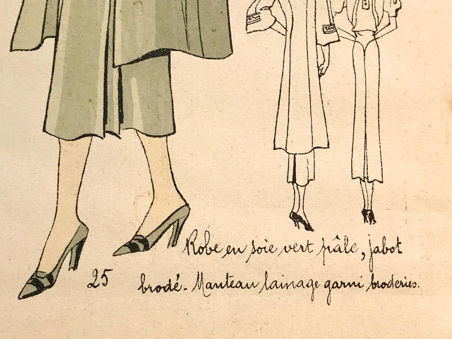 An Original Fashion Sketch, or Croquis, from a Parisian Atelier. A Hand Coloured Lithograph print. 1930’s. Size: 30.5 x 18.8 cms.