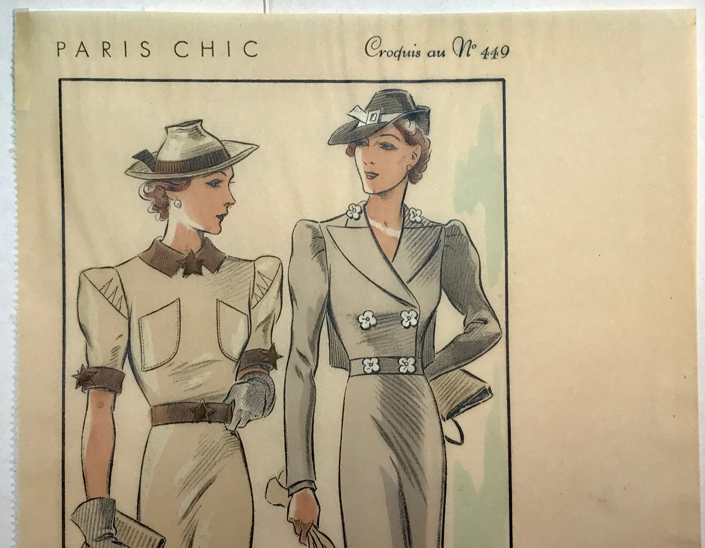 An Original Fashion Sketch, or Croquis, from Parisian Atelier H Hubert. A Hand Coloured Lithograph print. 1930’s. Size: 27.5 x 16.8 cms.