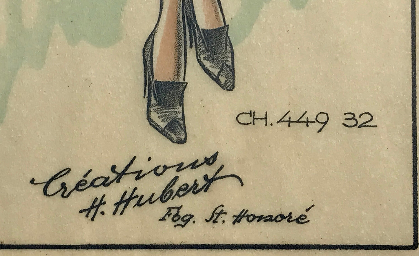 An Original Fashion Sketch, or Croquis, from Parisian Atelier H Hubert. A Hand Coloured Lithograph print. 1930’s. Size: 27.5 x 16.8 cms.