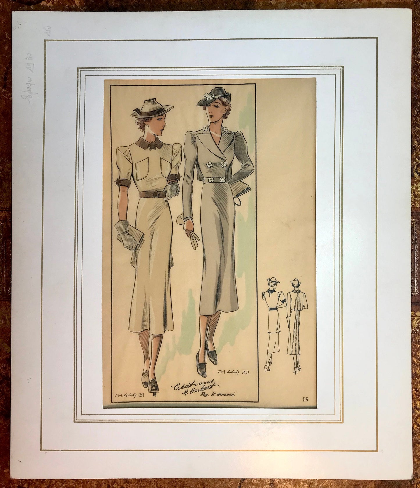 An Original Fashion Sketch, or Croquis, from Parisian Atelier H Hubert. A Hand Coloured Lithograph print. 1930’s. Size: 27.5 x 16.8 cms.