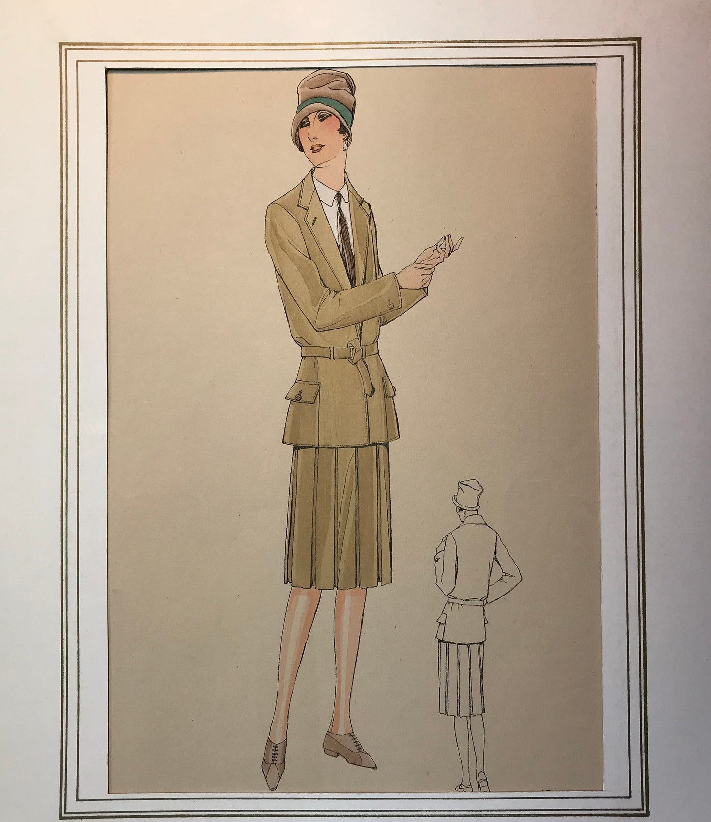 An Original Fashion Sketch, or Croquis, from Parisian Atelier Bachwitz. A Hand Coloured Lithograph print. 1930’s. Size: 30.5 x 18.8 cms.