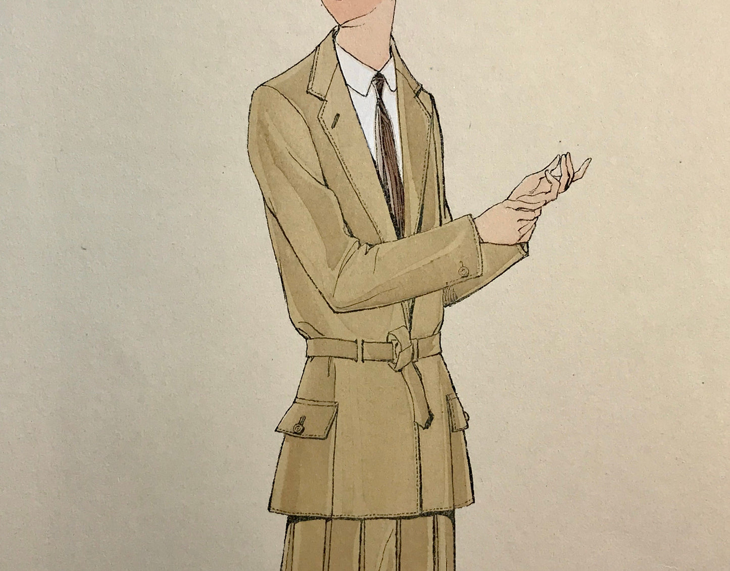An Original Fashion Sketch, or Croquis, from Parisian Atelier Bachwitz. A Hand Coloured Lithograph print. 1930’s. Size: 30.5 x 18.8 cms.