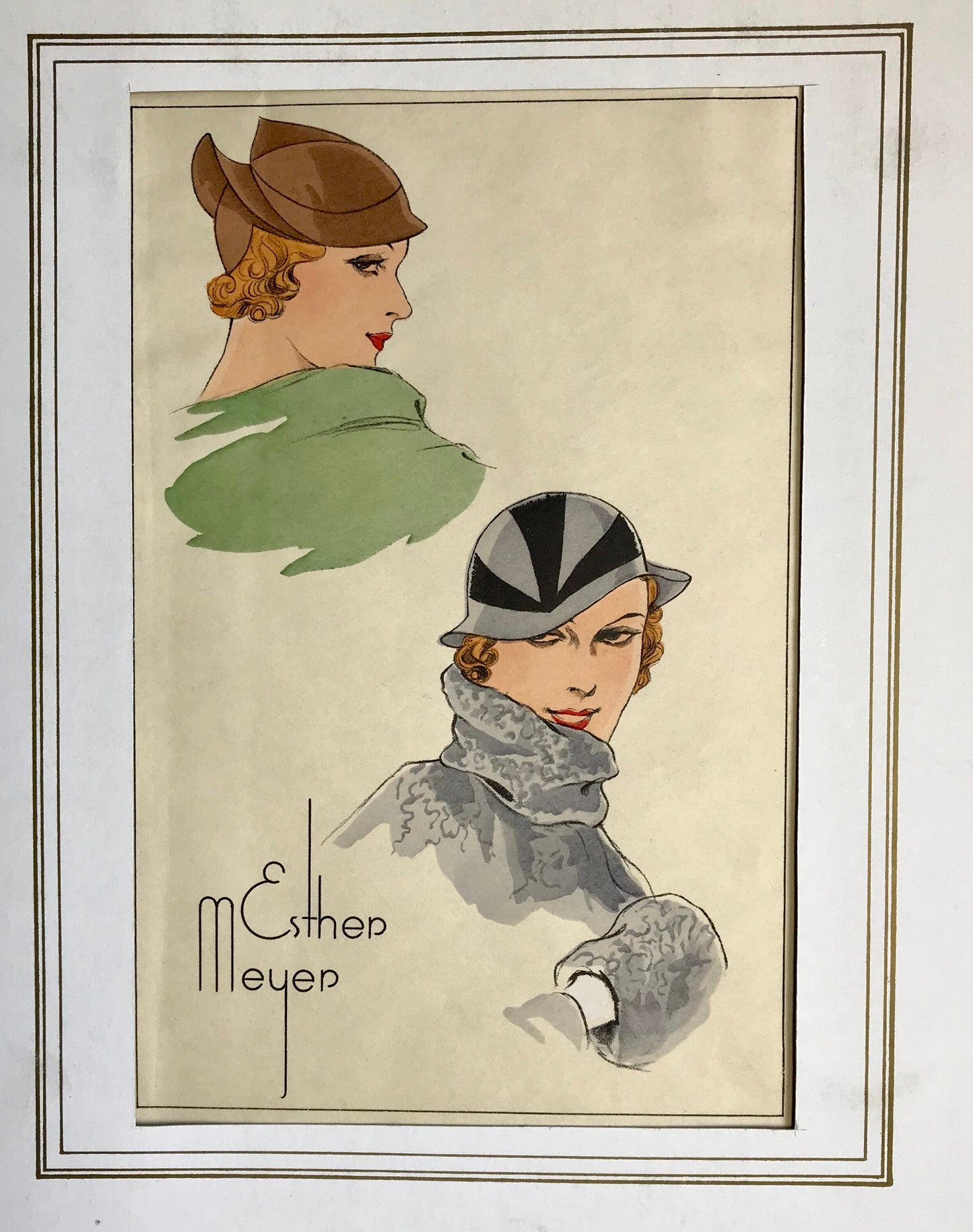 An Original Fashion Sketch, or Croquis, from Parisian Atelier Esther Meyer. A Hand Coloured Lithograph. 1930’s. Size: 24.3 x 16 cms.