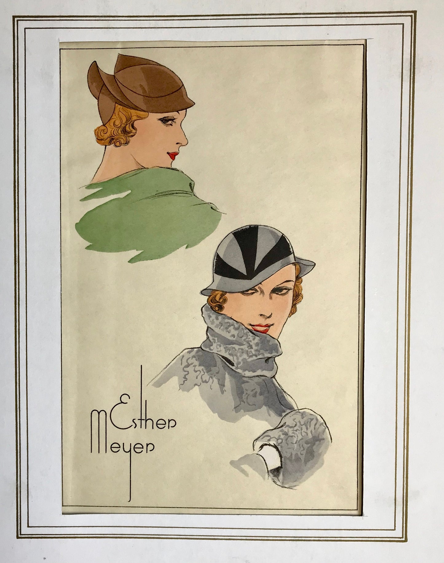An Original Fashion Sketch, or Croquis, from Parisian Atelier Esther Meyer. A Hand Coloured Lithograph. 1930’s. Size: 24.3 x 16 cms.