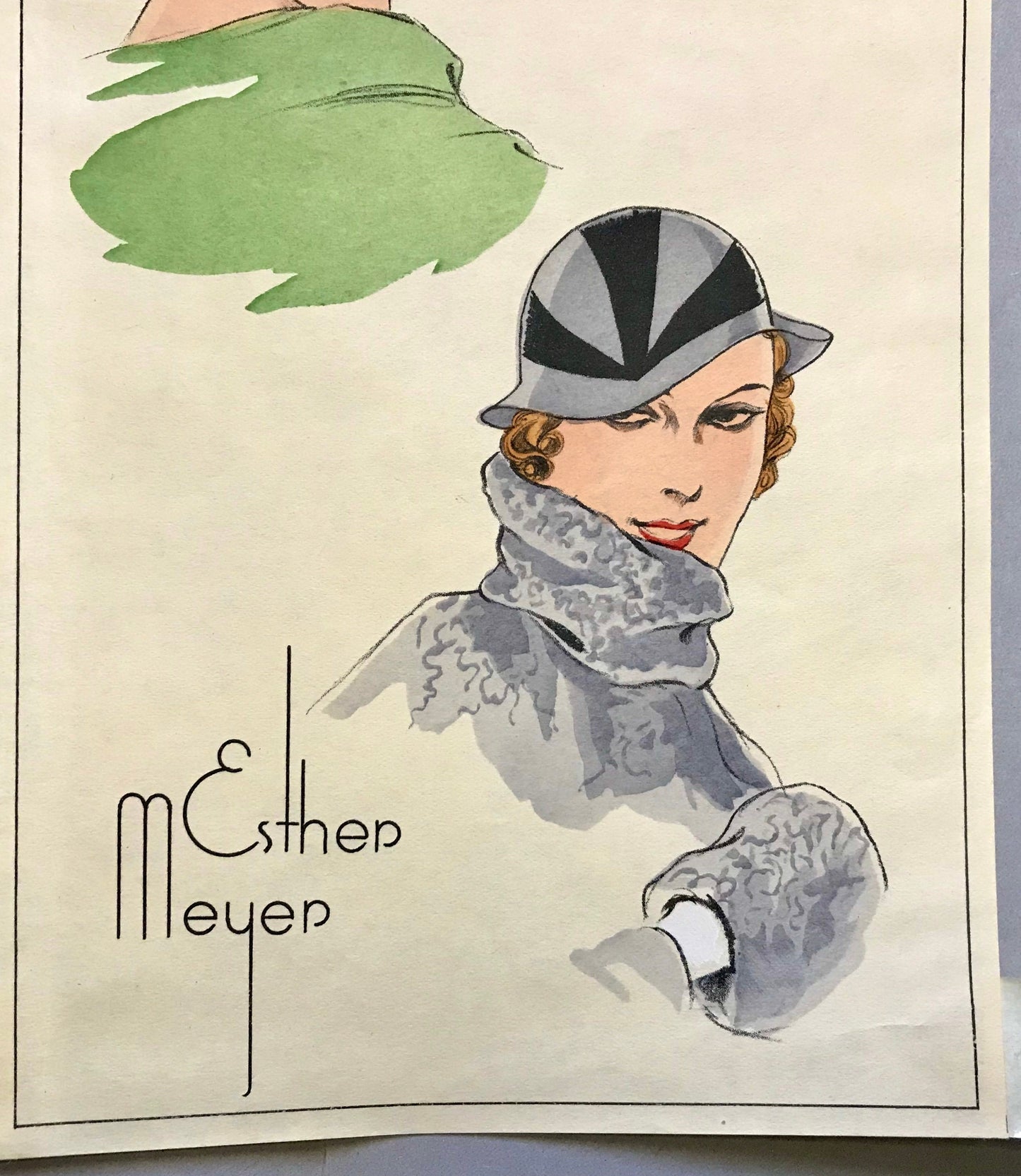 An Original Fashion Sketch, or Croquis, from Parisian Atelier Esther Meyer. A Hand Coloured Lithograph. 1930’s. Size: 24.3 x 16 cms.