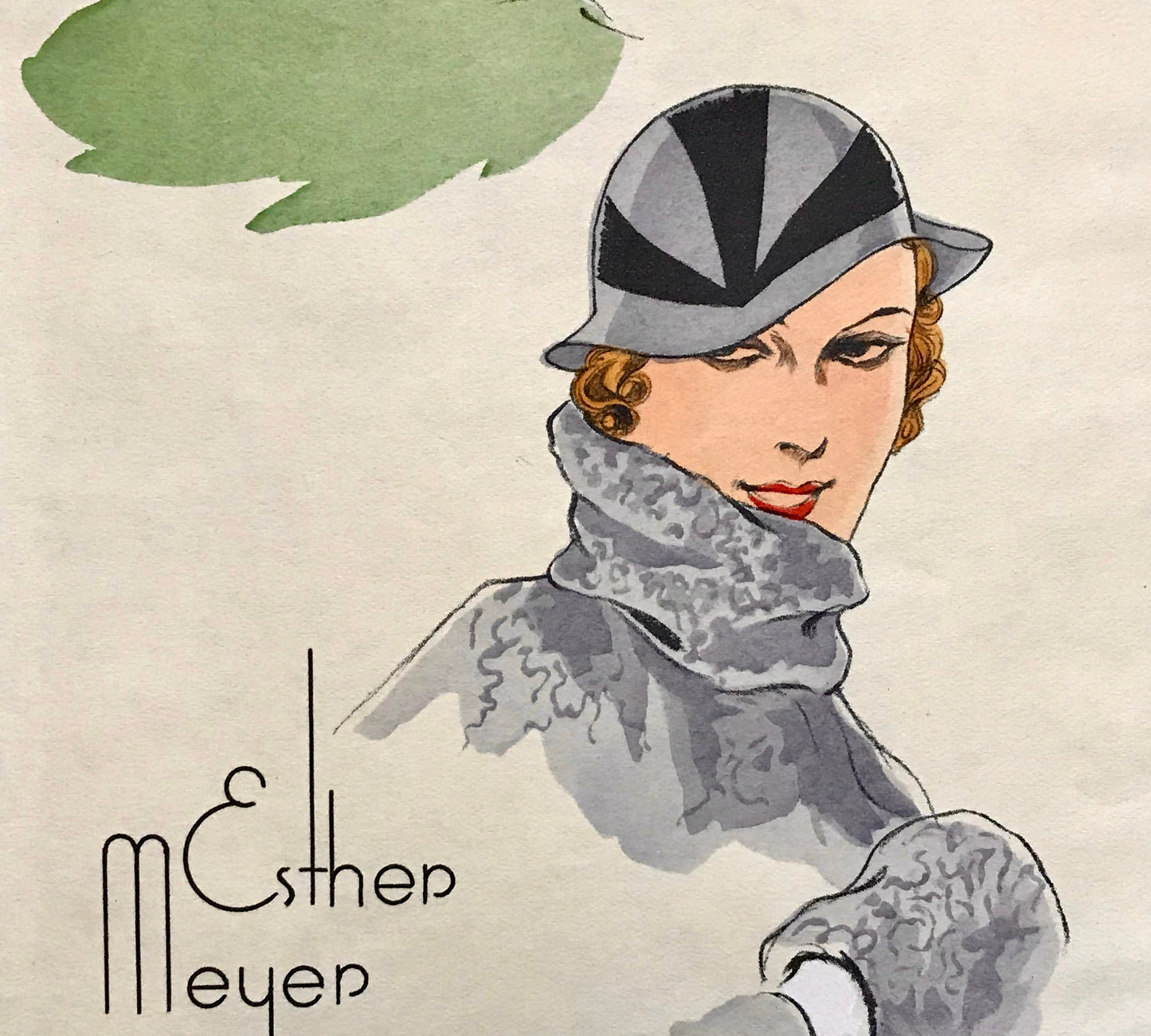 An Original Fashion Sketch, or Croquis, from Parisian Atelier Esther Meyer. A Hand Coloured Lithograph. 1930’s. Size: 24.3 x 16 cms.