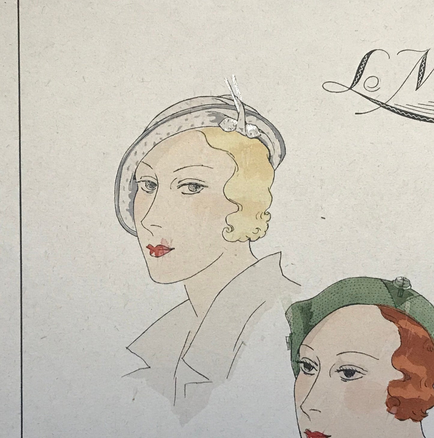 An Original Fashion Sketch, or Croquis, from Parisian Hatmaker Le Monnier. A Hand Coloured Lithograph. 1930’s. Size: 27.4 x 18 cms.