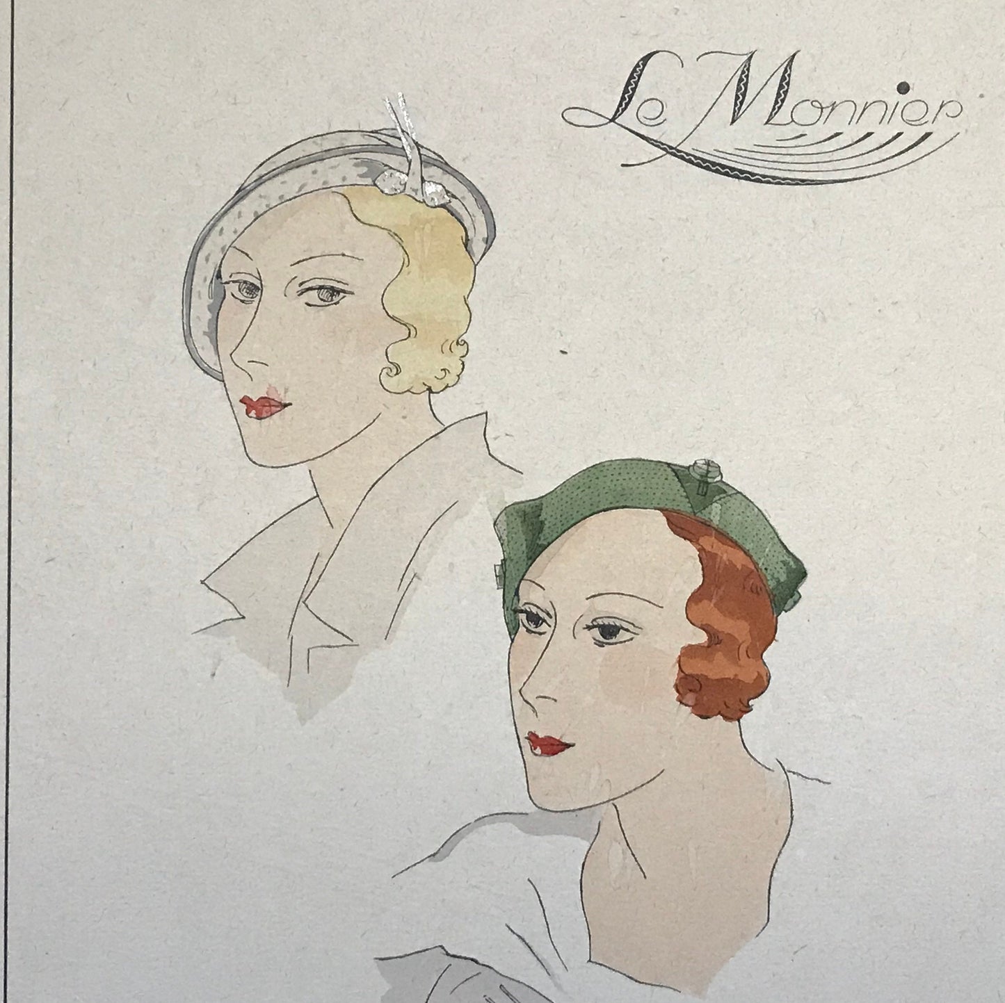 An Original Fashion Sketch, or Croquis, from Parisian Hatmaker Le Monnier. A Hand Coloured Lithograph. 1930’s. Size: 27.4 x 18 cms.
