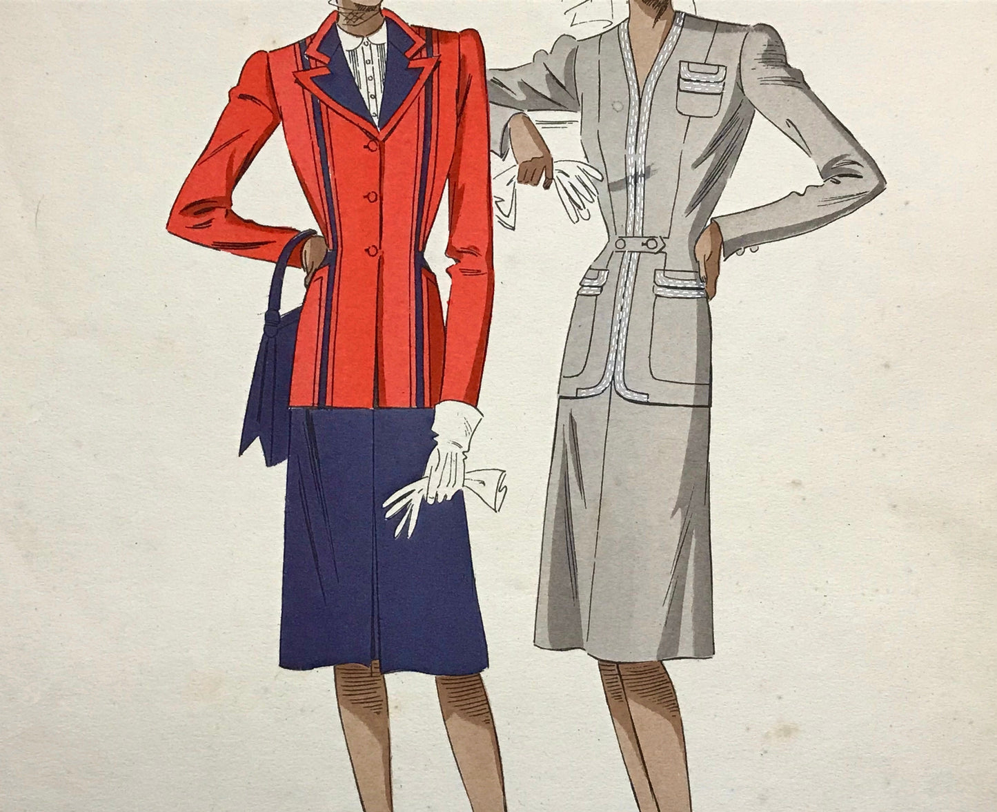 An Original Fashion Sketch, or Croquis, from ‘Les Creations Parisiennes’. A Hand Coloured Lithograph print. 1945. Large: 32.5 x 24.8 cms.