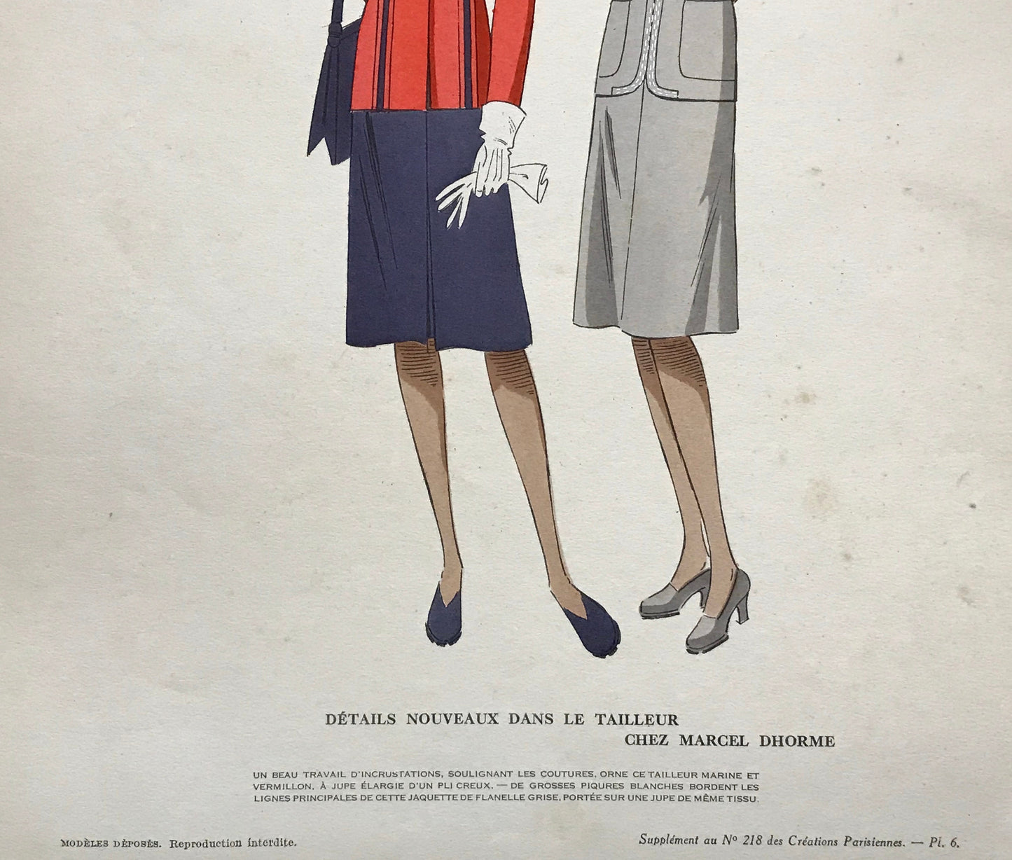 An Original Fashion Sketch, or Croquis, from ‘Les Creations Parisiennes’. A Hand Coloured Lithograph print. 1945. Large: 32.5 x 24.8 cms.