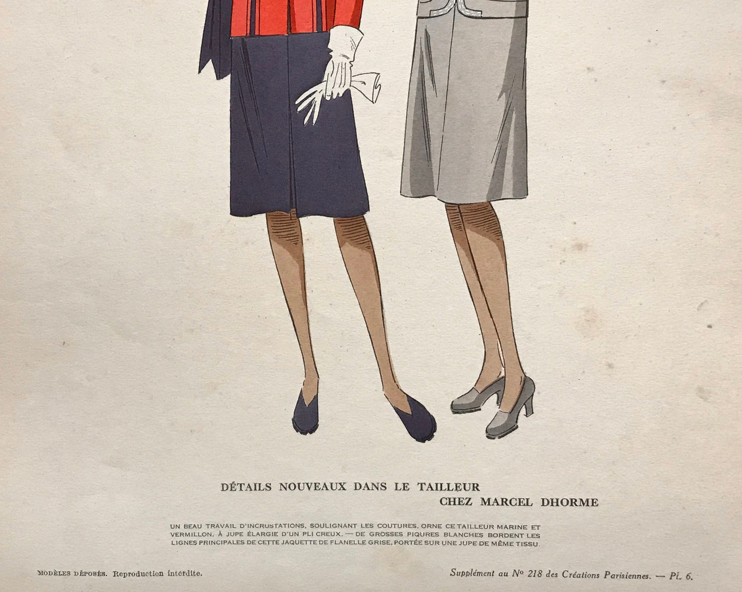 An Original Fashion Sketch, or Croquis, from ‘Les Creations Parisiennes’. A Hand Coloured Lithograph print. 1945. Large: 32.5 x 24.8 cms.