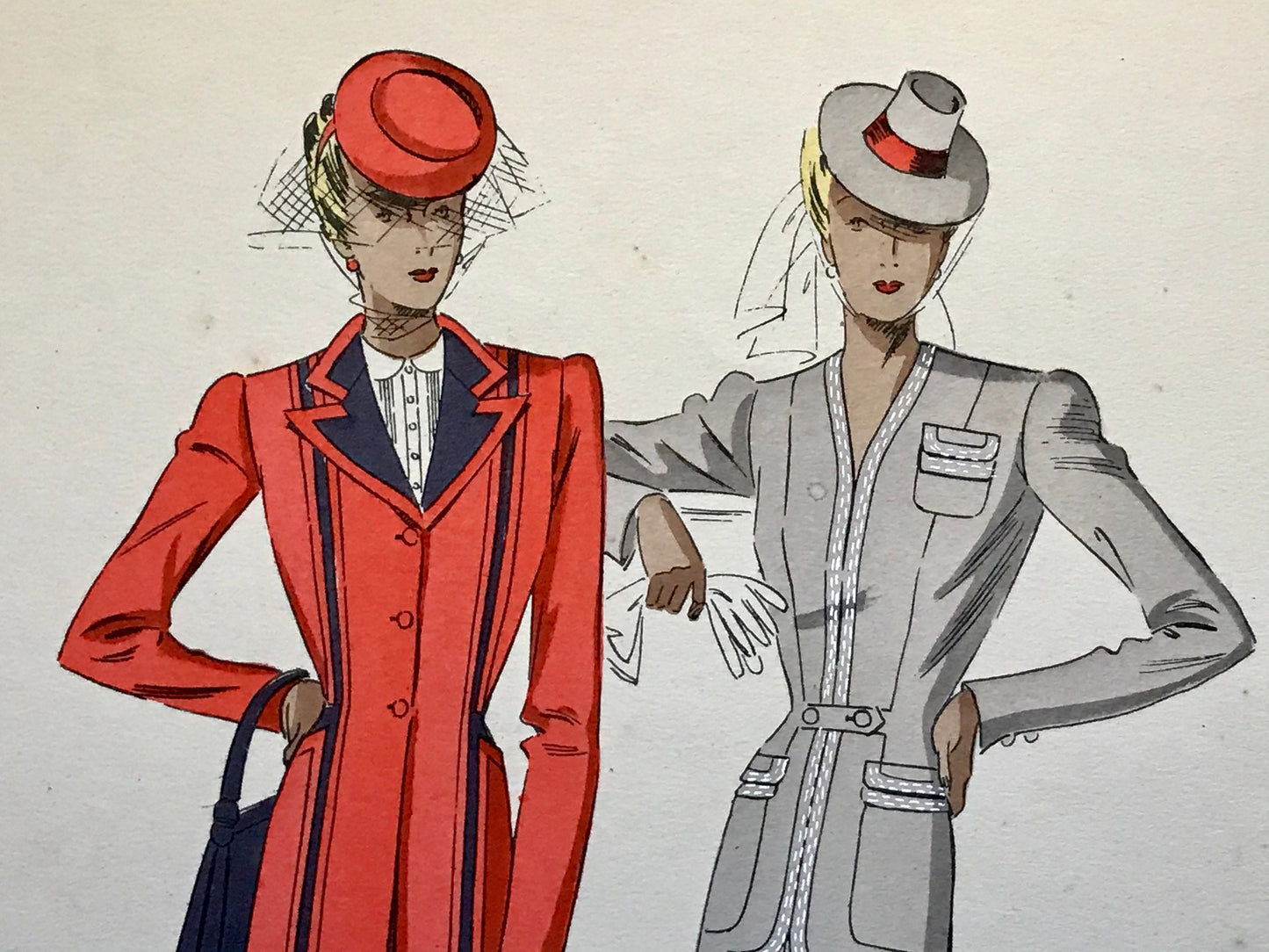 An Original Fashion Sketch, or Croquis, from ‘Les Creations Parisiennes’. A Hand Coloured Lithograph print. 1945. Large: 32.5 x 24.8 cms.