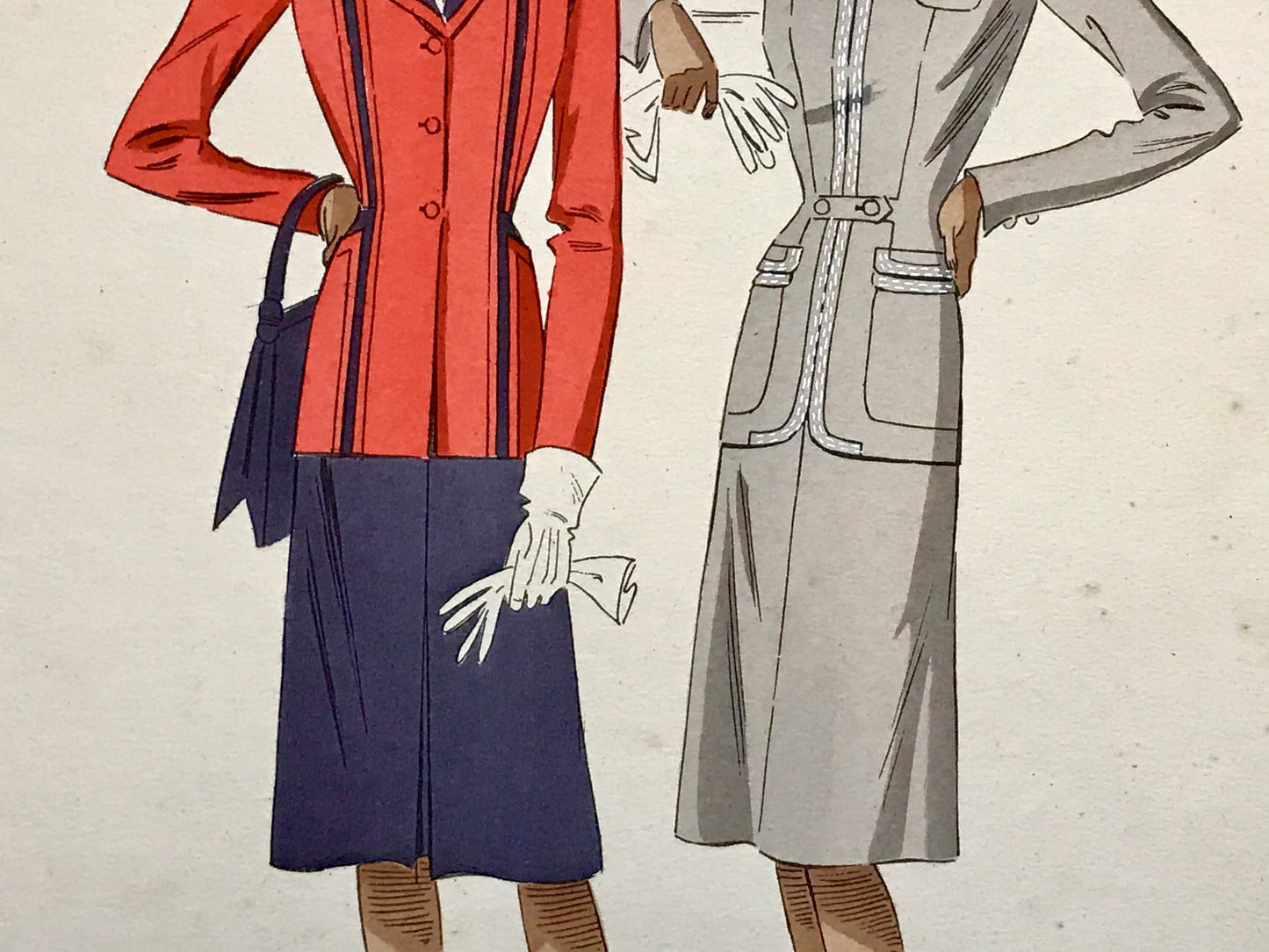 An Original Fashion Sketch, or Croquis, from ‘Les Creations Parisiennes’. A Hand Coloured Lithograph print. 1945. Large: 32.5 x 24.8 cms.