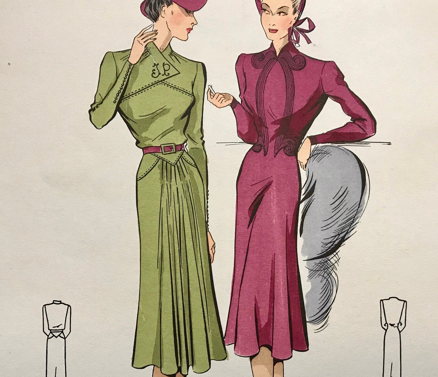An Original Fashion Sketch, or Croquis, from ‘Les Creations Parisiennes’. A Hand Coloured Lithograph Print. 1945. Large: 32.5 x 24.8 cms.