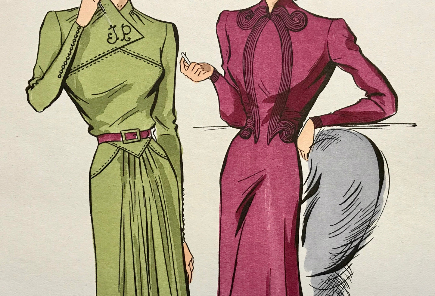 An Original Fashion Sketch, or Croquis, from ‘Les Creations Parisiennes’. A Hand Coloured Lithograph Print. 1945. Large: 32.5 x 24.8 cms.