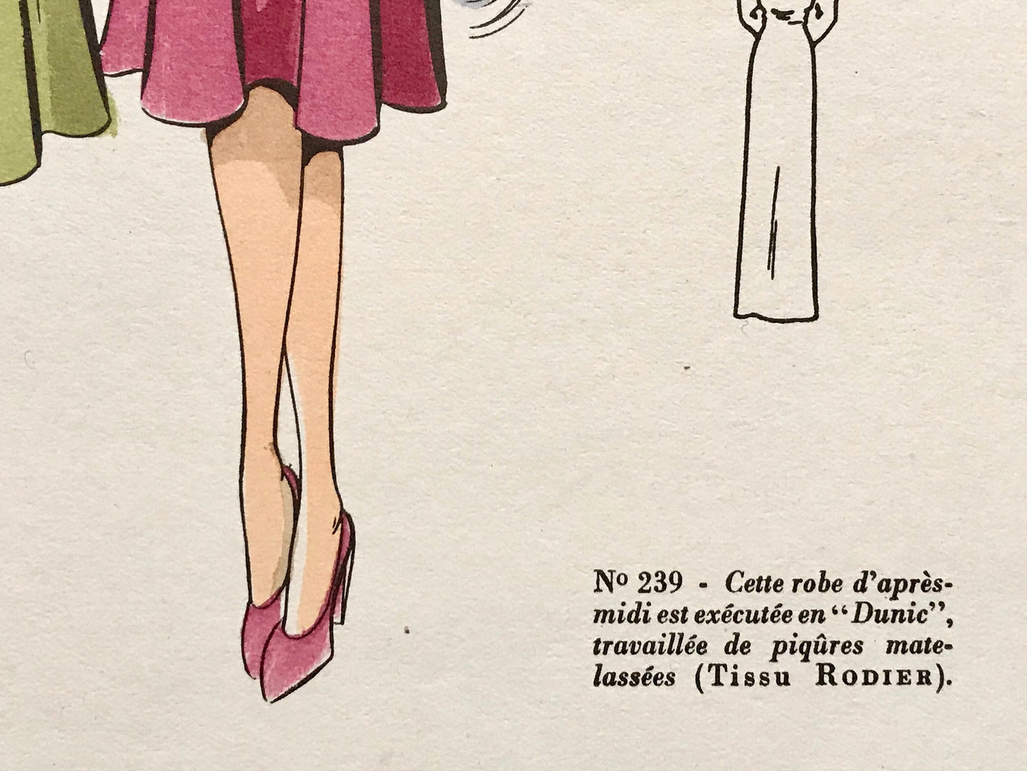 An Original Fashion Sketch, or Croquis, from ‘Les Creations Parisiennes’. A Hand Coloured Lithograph Print. 1945. Large: 32.5 x 24.8 cms.