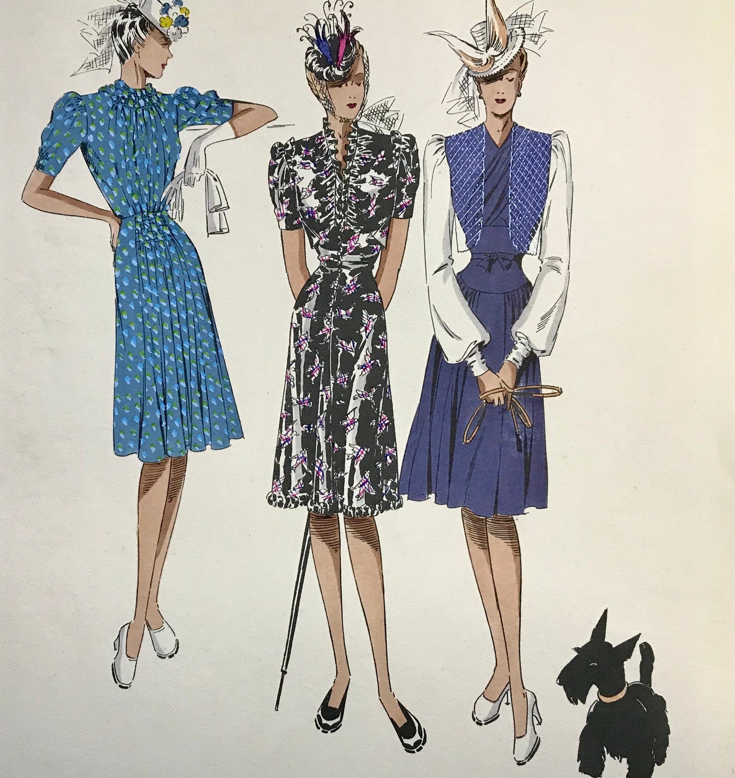 An Original Fashion Sketch, or Croquis, from ‘Les Creations Parisiennes’. A Hand Coloured Lithograph Print. 1945. Large: 32.5 x 24.8 cms.