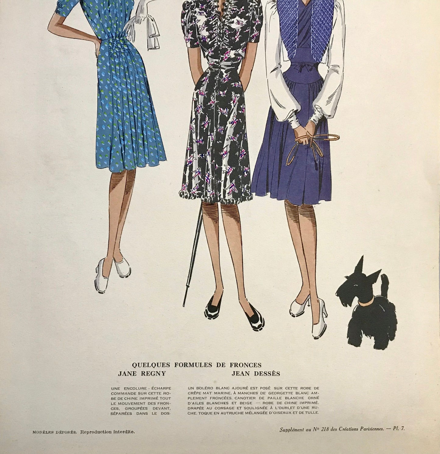 An Original Fashion Sketch, or Croquis, from ‘Les Creations Parisiennes’. A Hand Coloured Lithograph Print. 1945. Large: 32.5 x 24.8 cms.