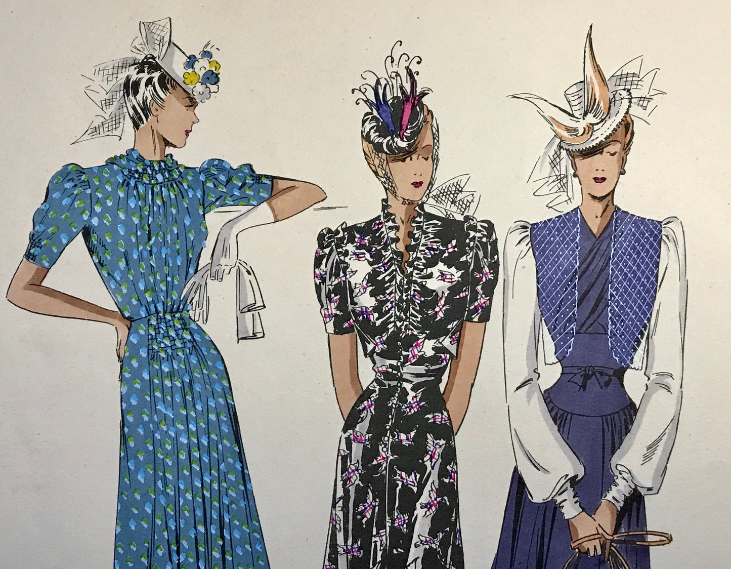 An Original Fashion Sketch, or Croquis, from ‘Les Creations Parisiennes’. A Hand Coloured Lithograph Print. 1945. Large: 32.5 x 24.8 cms.
