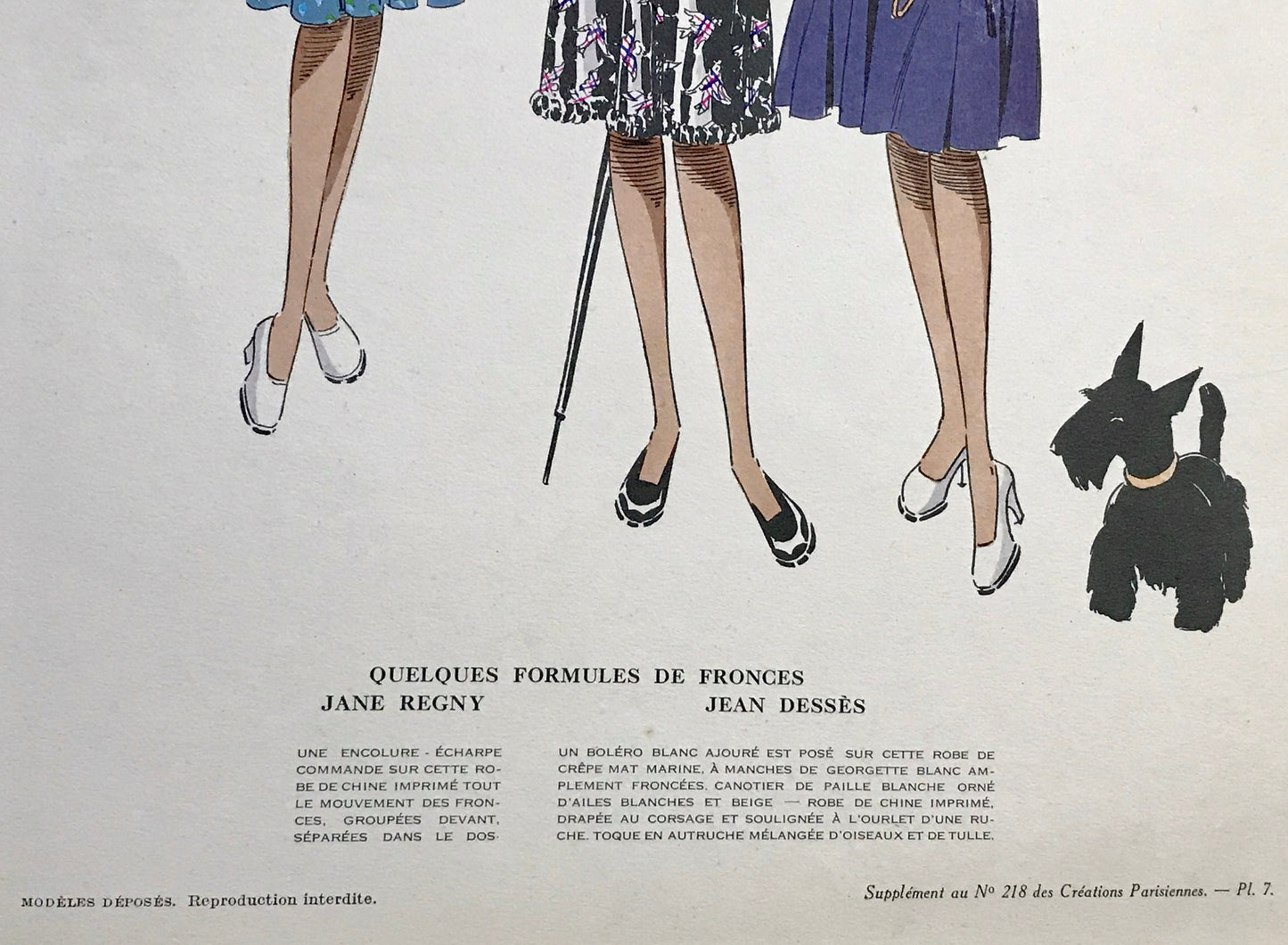 An Original Fashion Sketch, or Croquis, from ‘Les Creations Parisiennes’. A Hand Coloured Lithograph Print. 1945. Large: 32.5 x 24.8 cms.