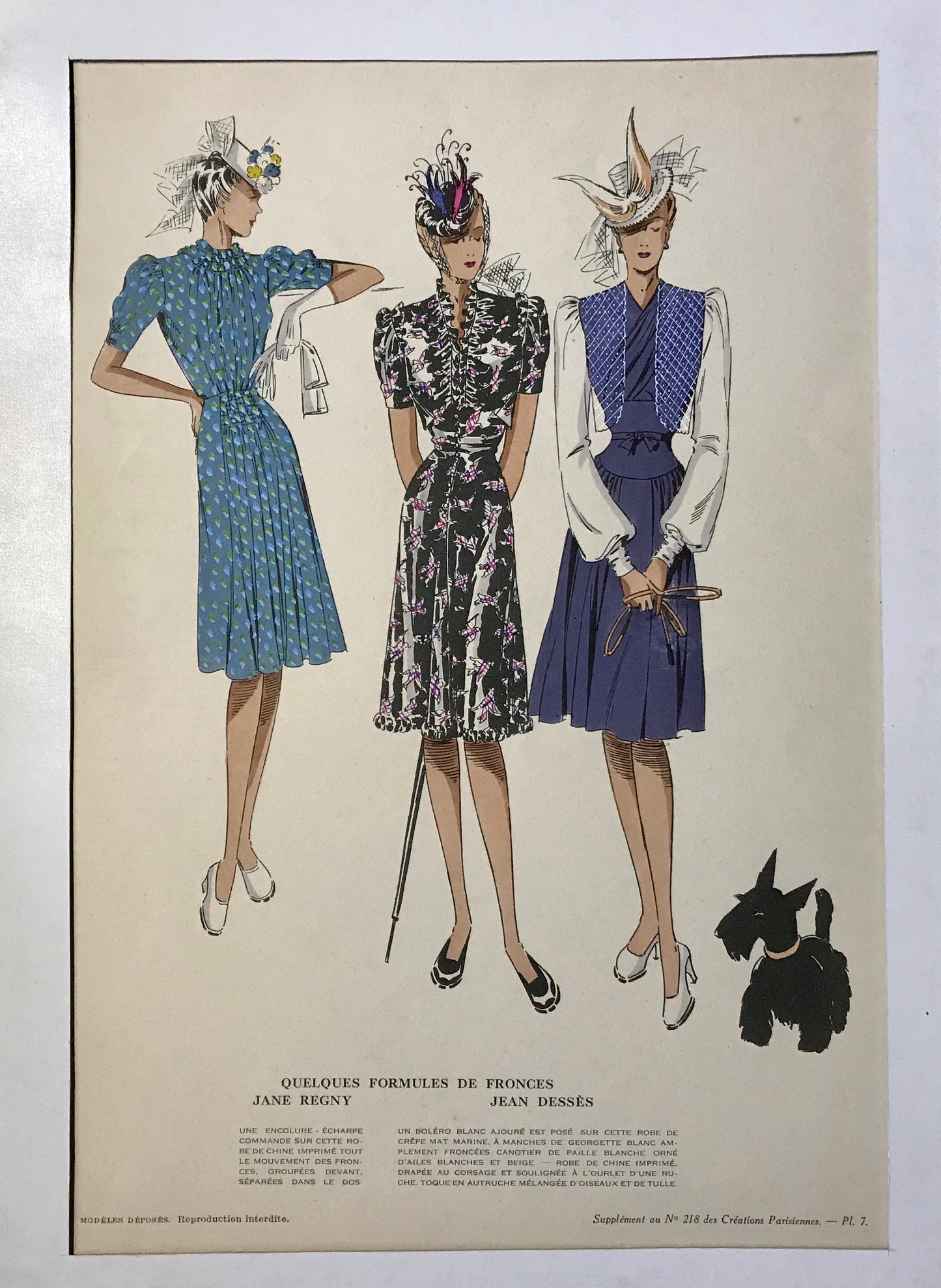 An Original Fashion Sketch, or Croquis, from ‘Les Creations Parisiennes’. A Hand Coloured Lithograph Print. 1945. Large: 32.5 x 24.8 cms.