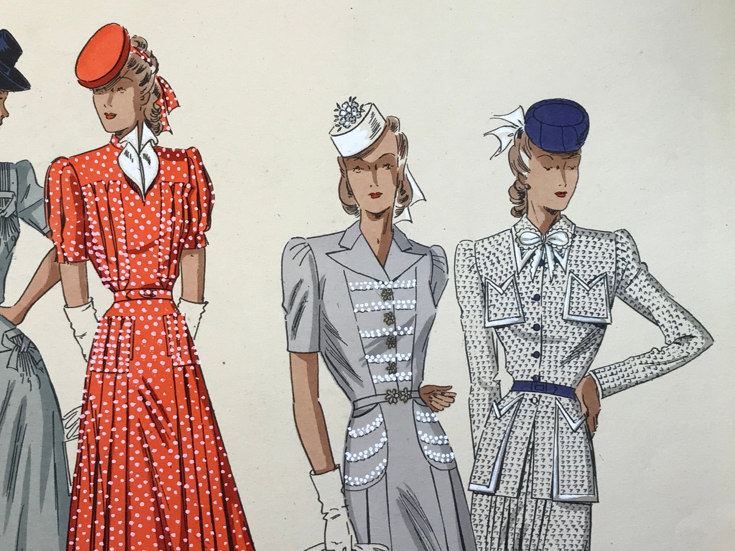 An Original Fashion Sketch, or Croquis, from ‘Les Creations Parisiennes’. A Hand Coloured Lithograph Print. 1945. Large: 32.5 x 24.8 cms.
