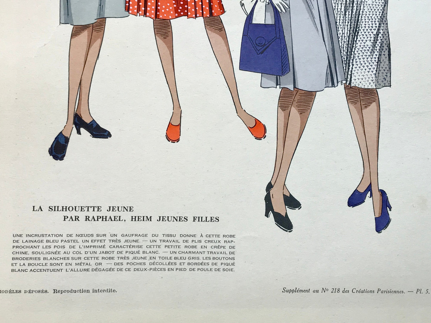 An Original Fashion Sketch, or Croquis, from ‘Les Creations Parisiennes’. A Hand Coloured Lithograph Print. 1945. Large: 32.5 x 24.8 cms.