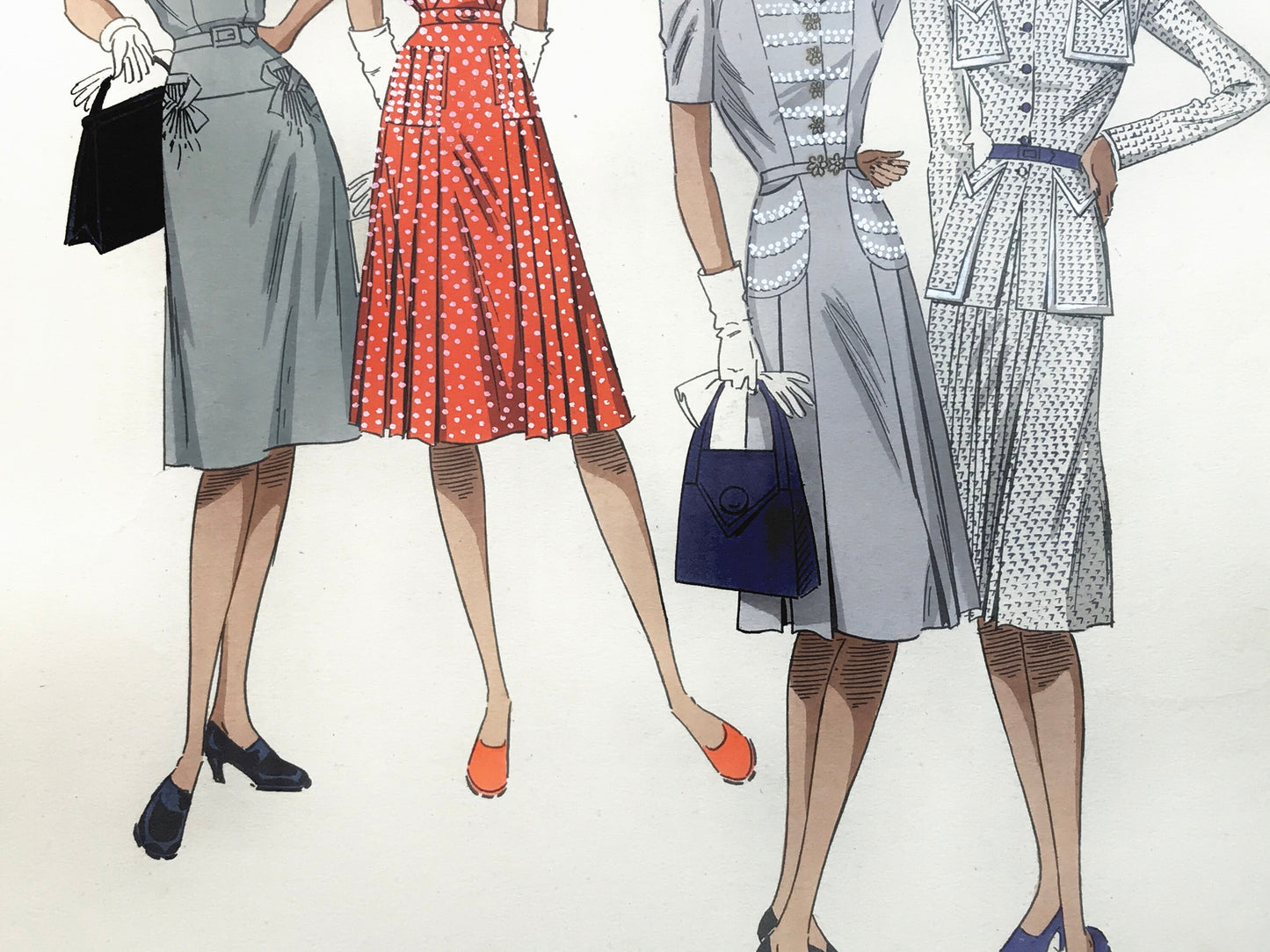 An Original Fashion Sketch, or Croquis, from ‘Les Creations Parisiennes’. A Hand Coloured Lithograph Print. 1945. Large: 32.5 x 24.8 cms.