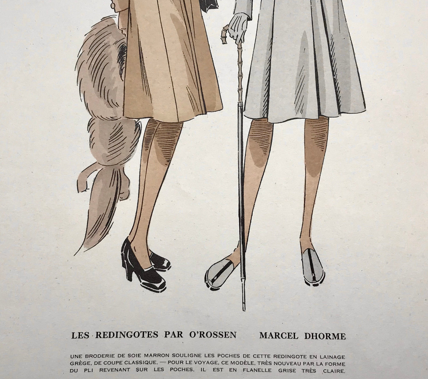 An Original Fashion Sketch, or Croquis, from ‘Les Creations Parisiennes’. A Hand Coloured Lithograph Print. 1945. Large: 32.5 x 24.8 cms.