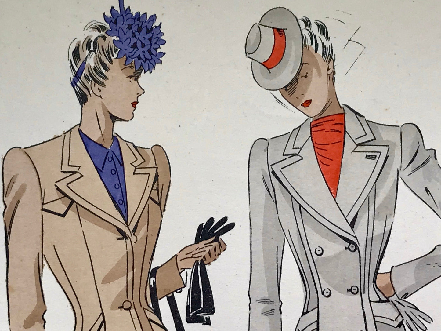 An Original Fashion Sketch, or Croquis, from ‘Les Creations Parisiennes’. A Hand Coloured Lithograph Print. 1945. Large: 32.5 x 24.8 cms.