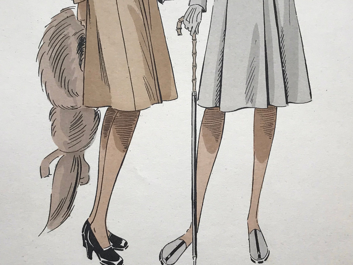An Original Fashion Sketch, or Croquis, from ‘Les Creations Parisiennes’. A Hand Coloured Lithograph Print. 1945. Large: 32.5 x 24.8 cms.