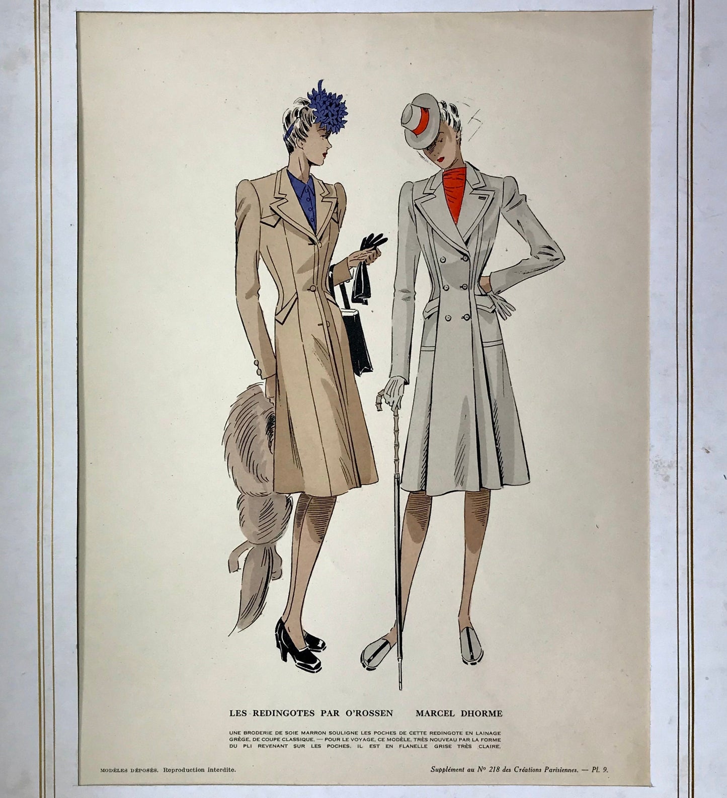 An Original Fashion Sketch, or Croquis, from ‘Les Creations Parisiennes’. A Hand Coloured Lithograph Print. 1945. Large: 32.5 x 24.8 cms.