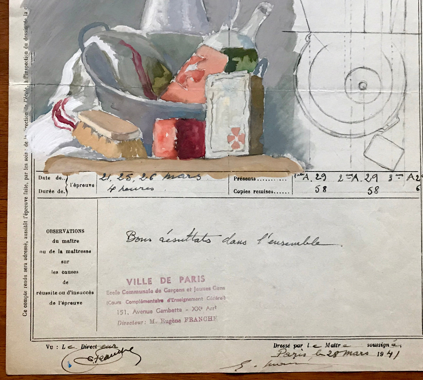An original artwork. An Examination Piece from a Parisian Art School. Dated 1941. Size: 27 x 21 cms.