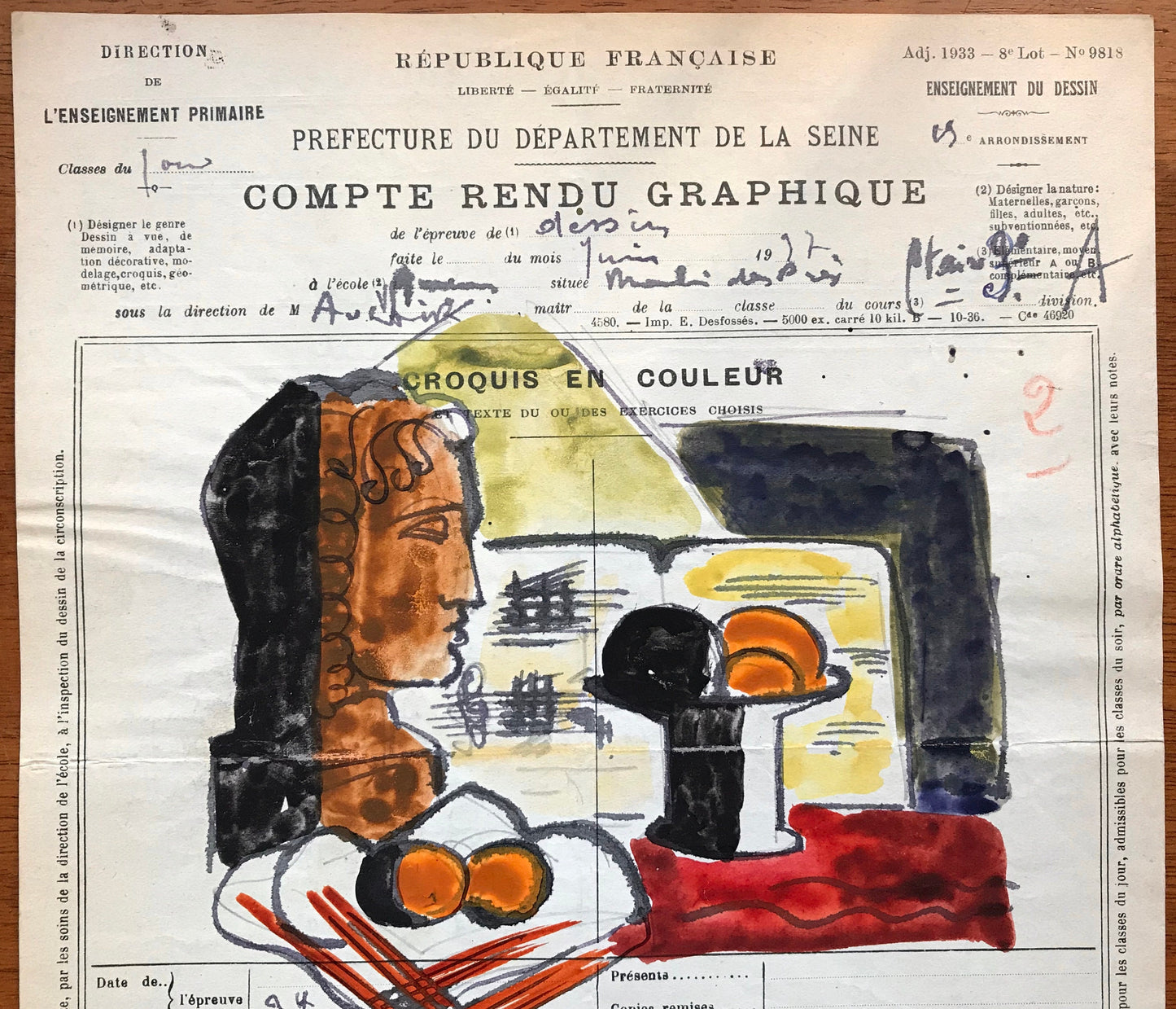An original artwork. An Examination Piece from a Parisian Art School. Dated 1937. Size: 27 x 21 cms.