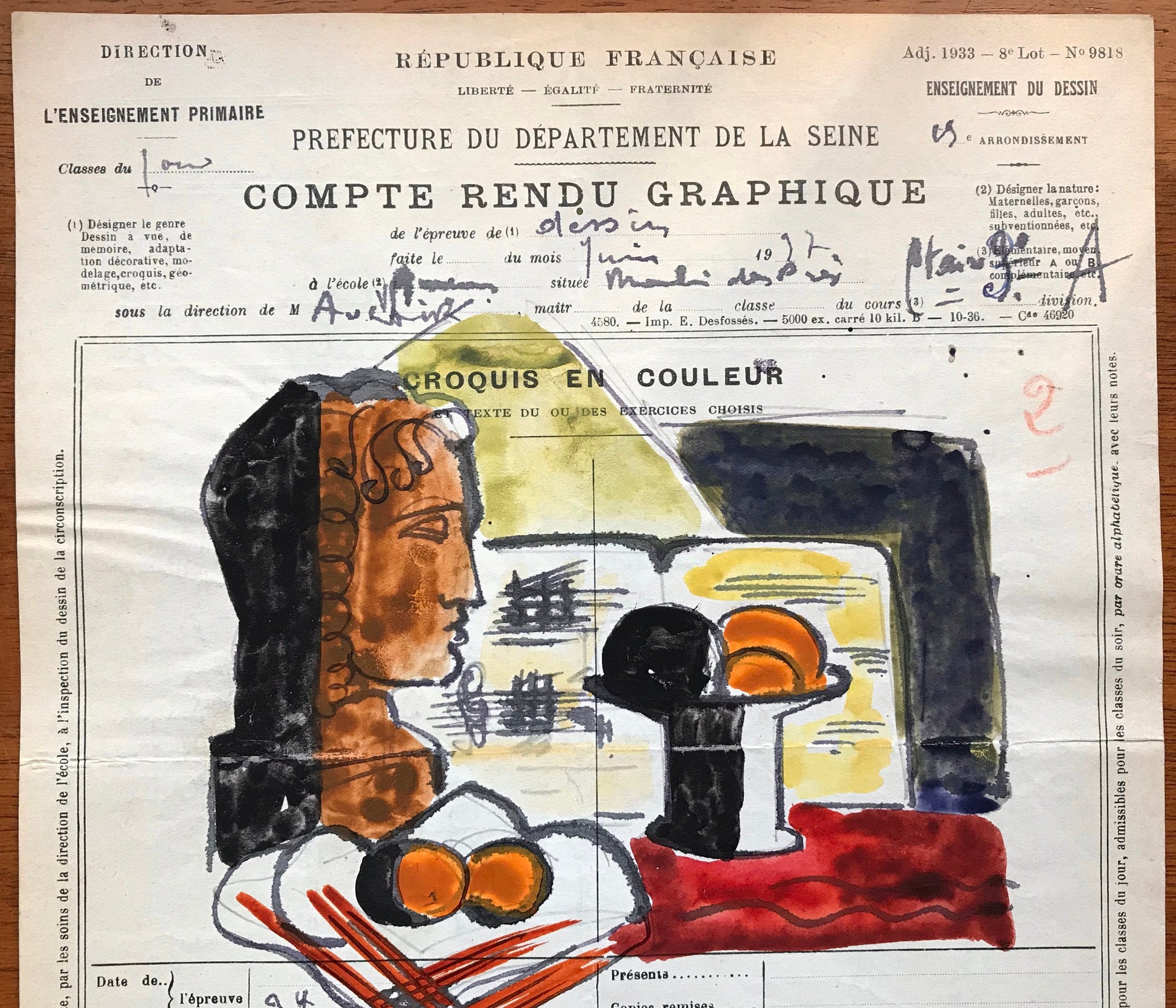 An original artwork. An Examination Piece from a Parisian Art School. Dated 1937. Size: 27 x 21 cms.