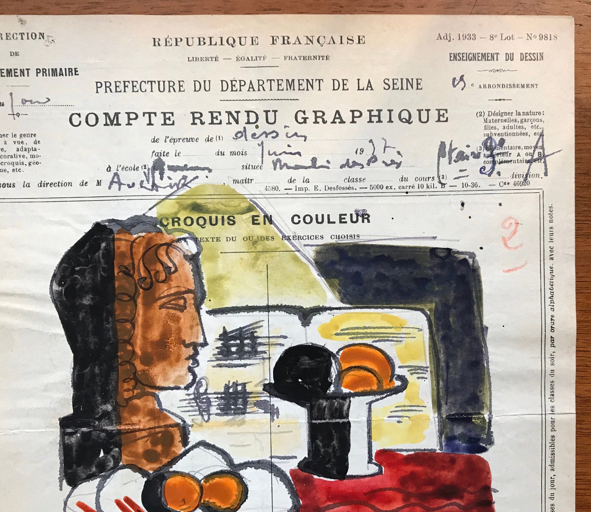 An original artwork. An Examination Piece from a Parisian Art School. Dated 1937. Size: 27 x 21 cms.
