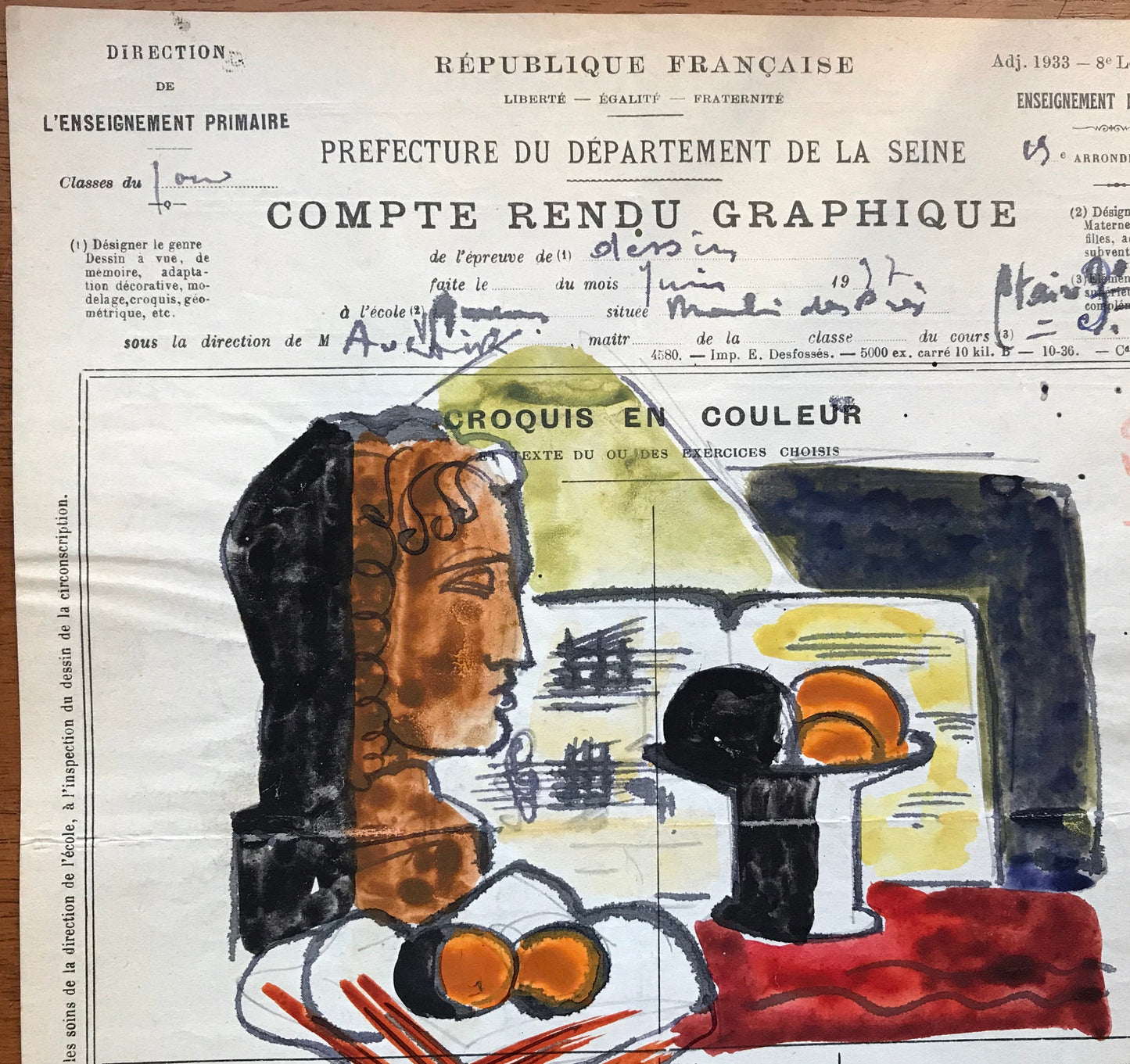 An original artwork. An Examination Piece from a Parisian Art School. Dated 1937. Size: 27 x 21 cms.