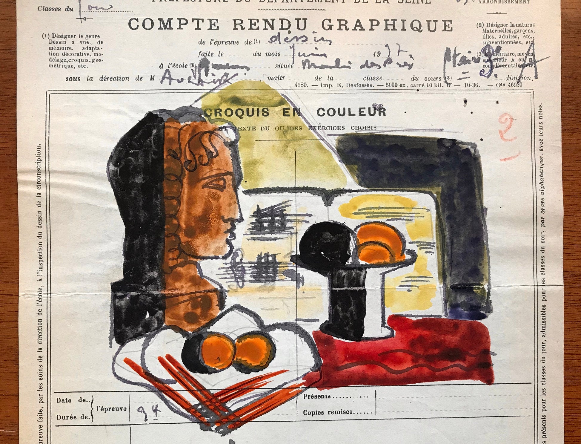 An original artwork. An Examination Piece from a Parisian Art School. Dated 1937. Size: 27 x 21 cms.
