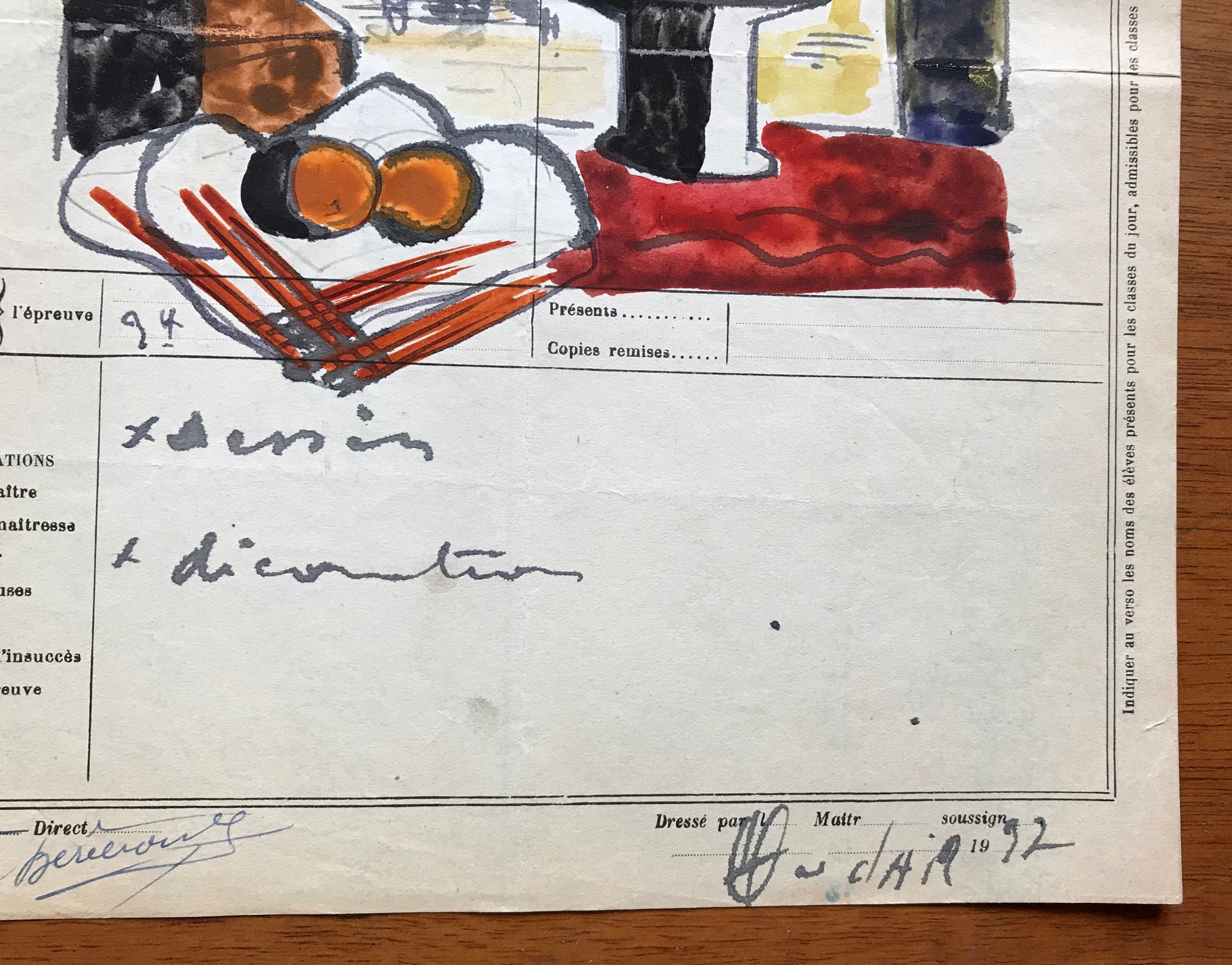 An original artwork. An Examination Piece from a Parisian Art School. Dated 1937. Size: 27 x 21 cms.