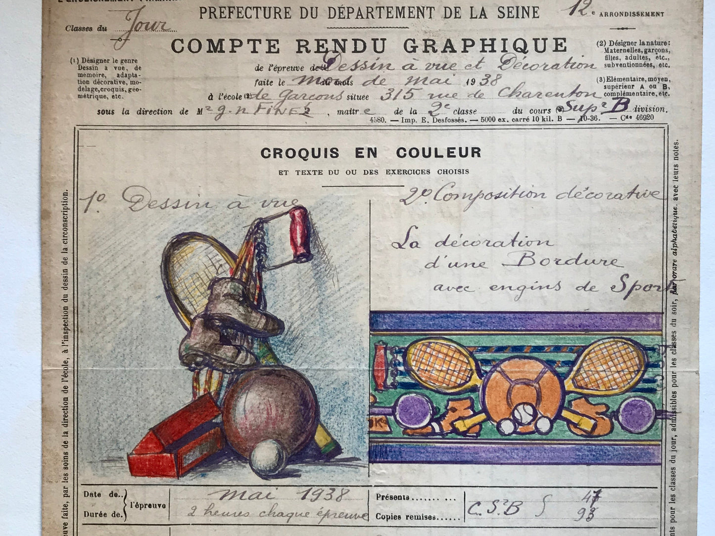 An original artwork. An Examination Piece from a Parisian Art School. Dated 1938. Size: 27 x 21 cms.